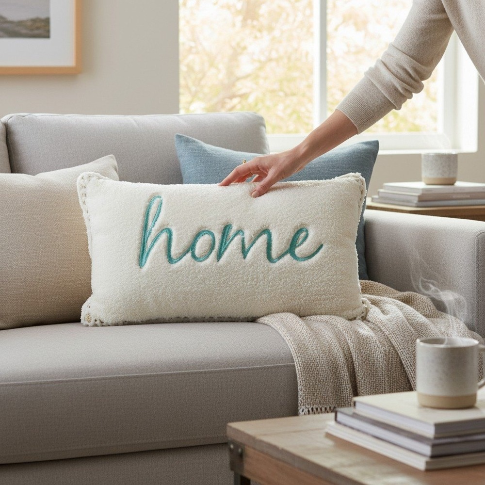 EnVogue Home Decorative Pillow Unisex 12x20 Cream Brand New Sherpa Teal Lumbar